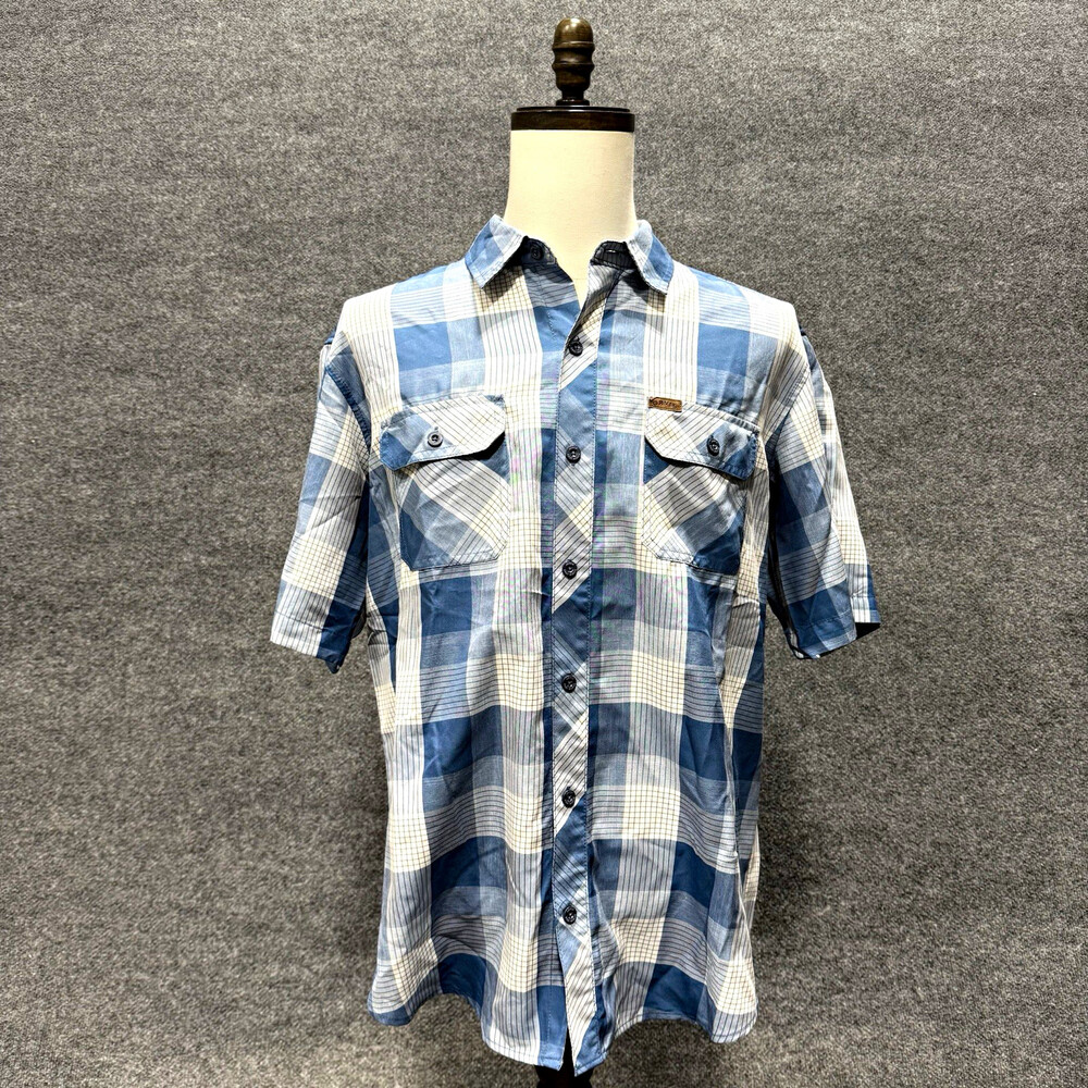 Orvis Shirt Mens XL Blue Plaid Short Sleeve Button Up Mesh Vent Outdoor